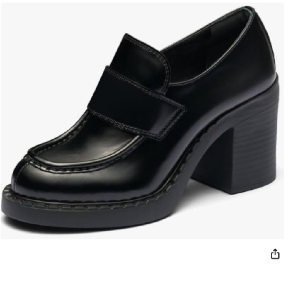 Maiyang Black Block Mid Heel Platform Loafers Round Toe Slip on Party Event Shoe